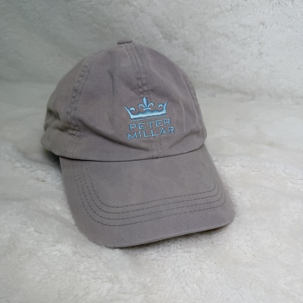 Peter Millar Hat Cap Strap Back Light Gray  & Aqua Embroidered Crown Golf Casual